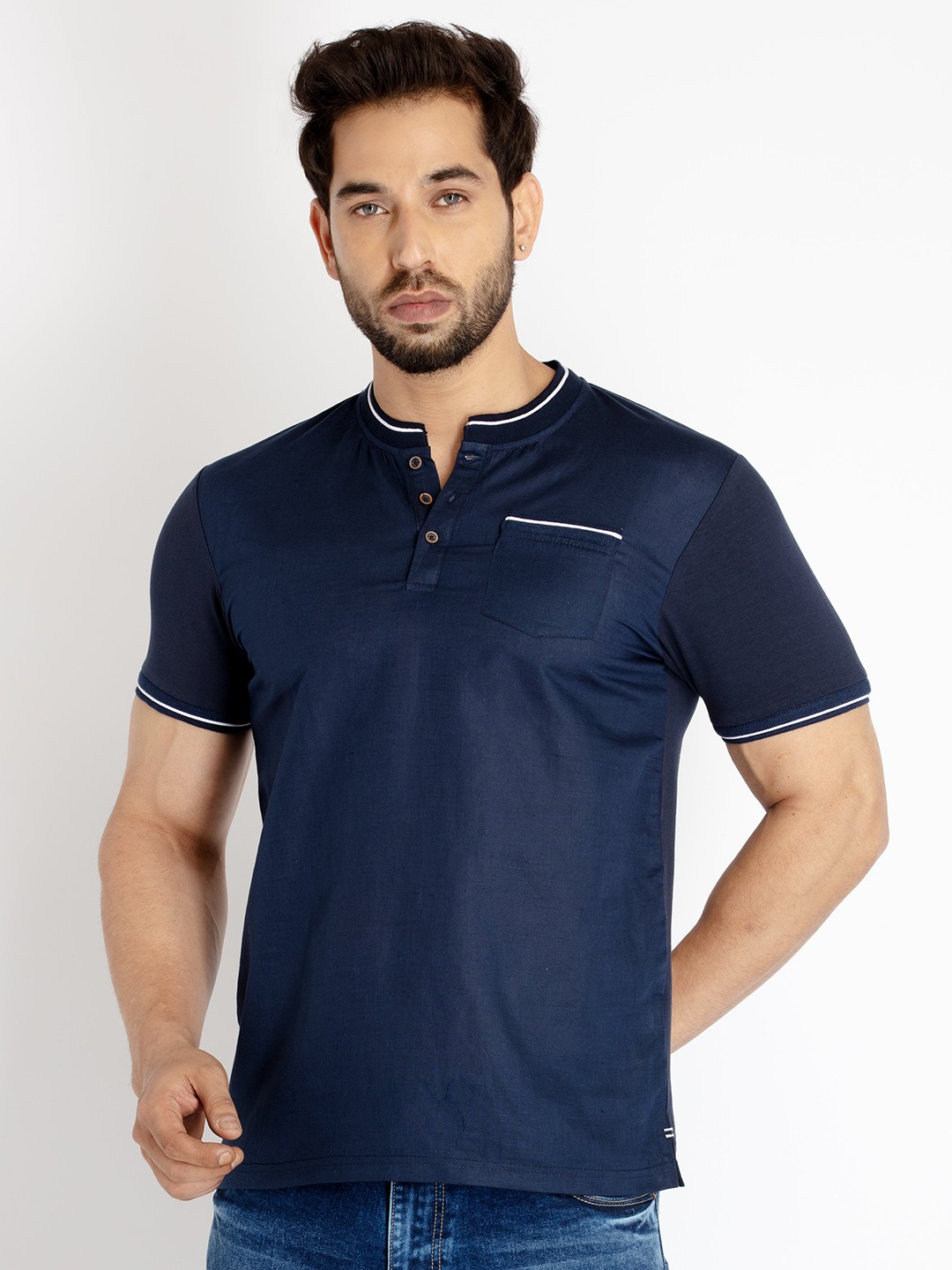 

Status Quo Men Henley Neck Indigo Cotton T-shirt, Navy blue