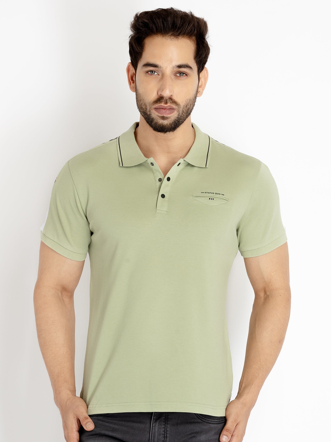 

Status Quo Men Typography Printed Polo Collar Cotton T-shirt, Green