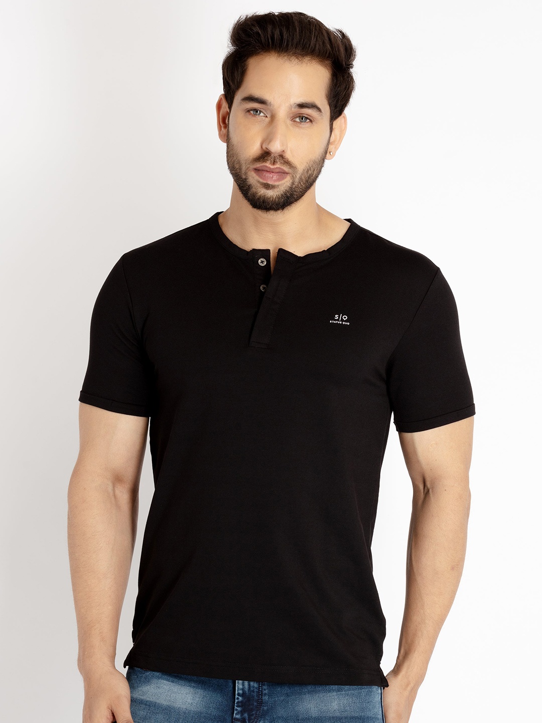 

Status Quo Men Henley Neck Cotton T-shirt, Black