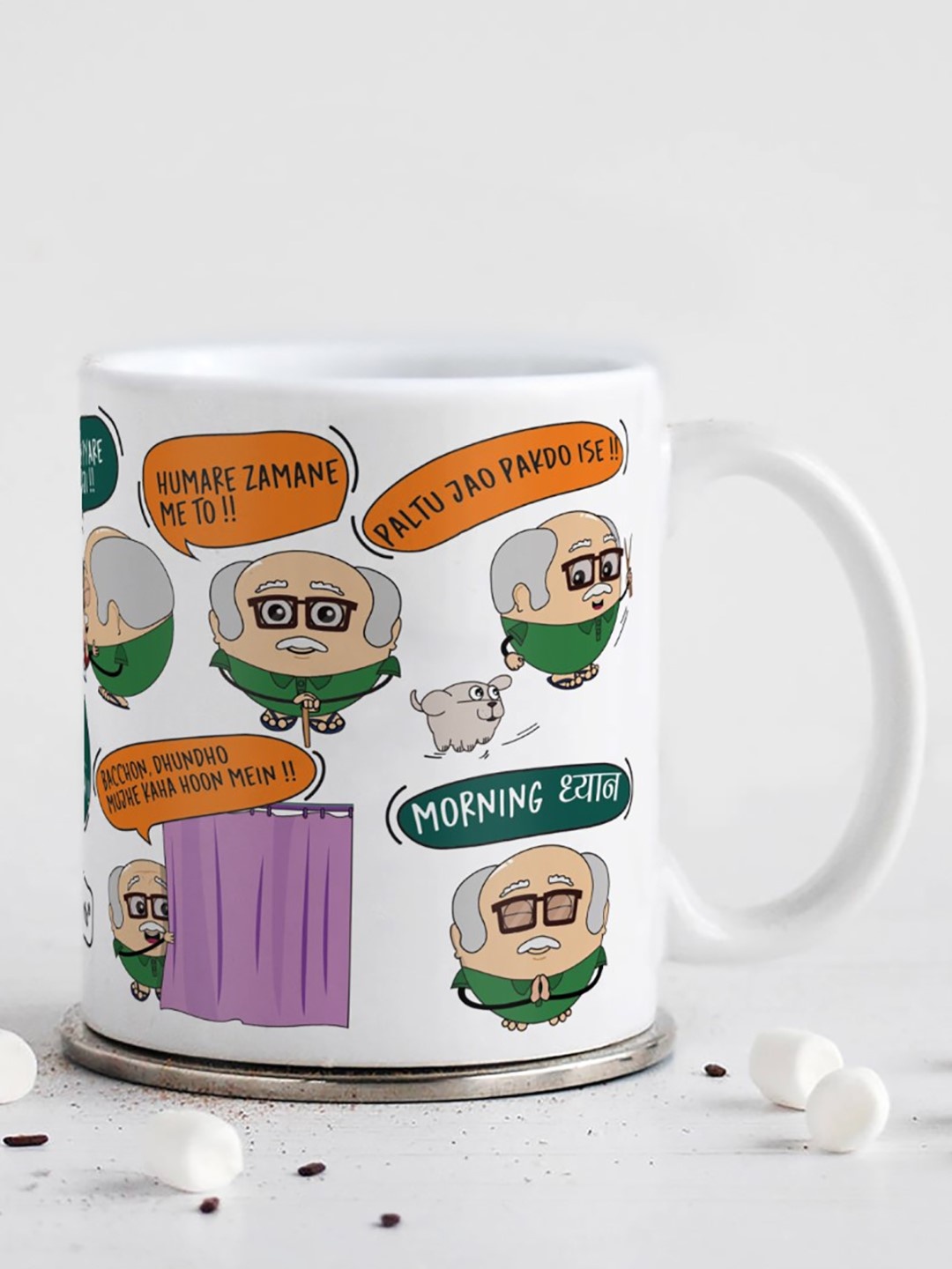 

Indigifts GrandFather White & Green Printed Ceramic Glossy Mug 325 ml