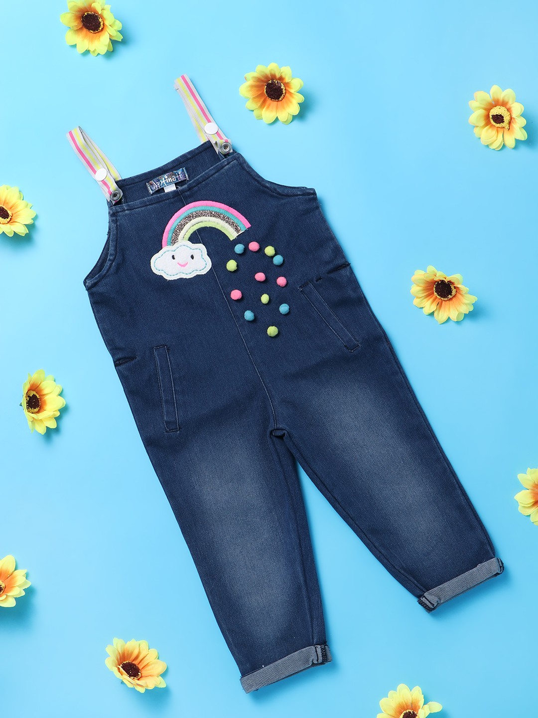 

Nauti Nati Girls Embroidered Straight Fit Full Length Dungaree, Blue