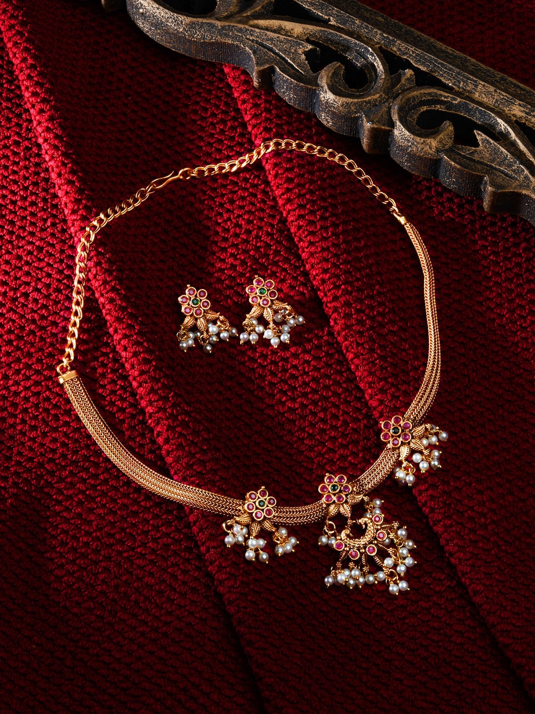 

Fida Gold-Plated Stone-Studded & Pearl Beaded Jewellery Set, Red
