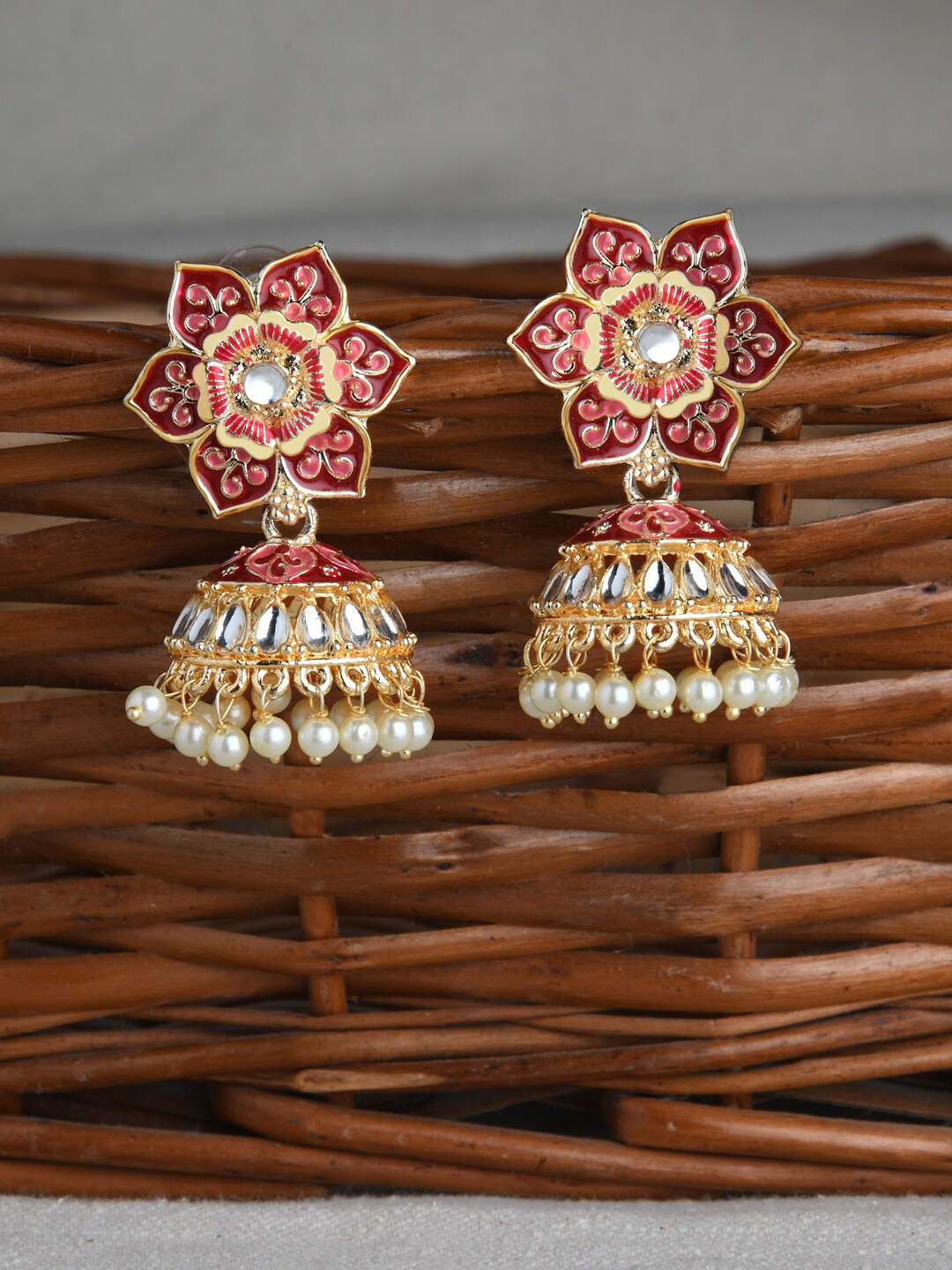 

Fida Gold Plated Dome Shaped Jhumkas Earrings, Red