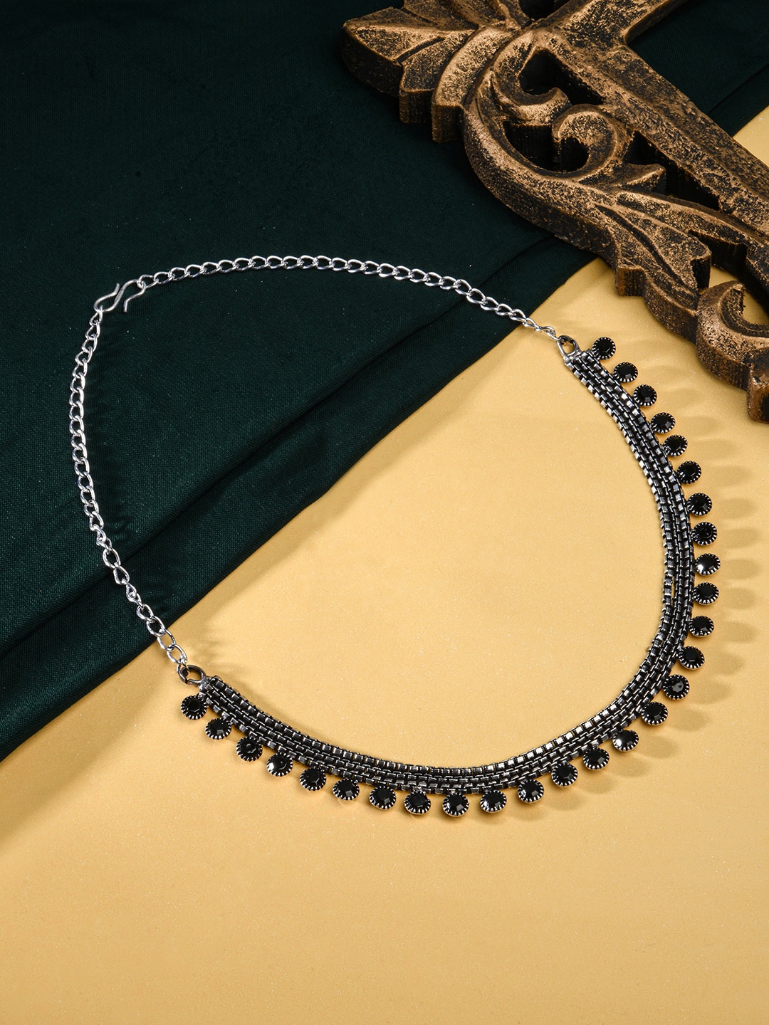 

Fida Silver-Plated Stone Stuuded Choker Oxidised Necklace, Black