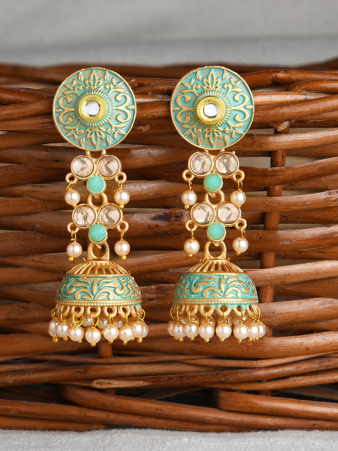 

Fida Turquoise Gold Plated Dome Shaped Jhumkas Earrings, Turquoise blue