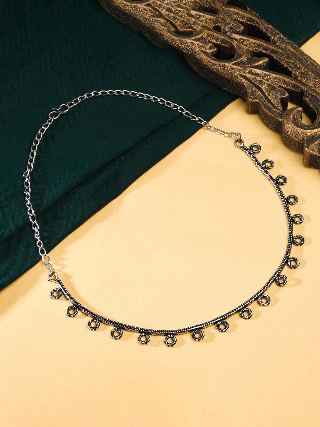 

Fida Silver-Plated Circular Charm Choker Oxidised Necklace