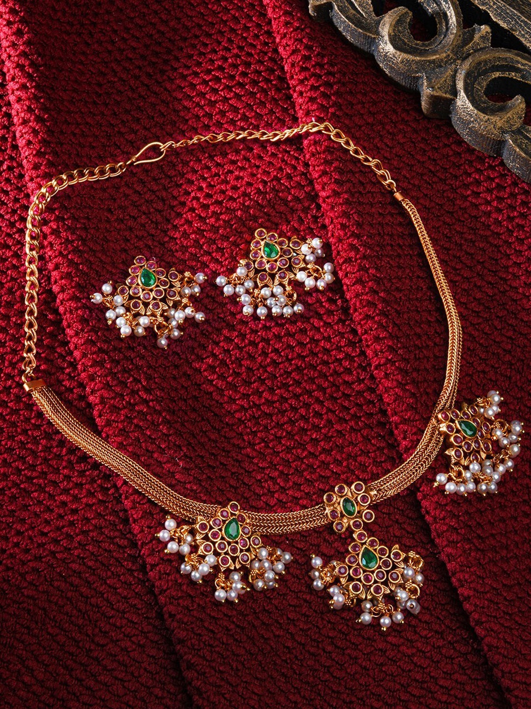 

Fida Gold-Plated Stones Studded & Beaded Temple Jewellery Set, Pink
