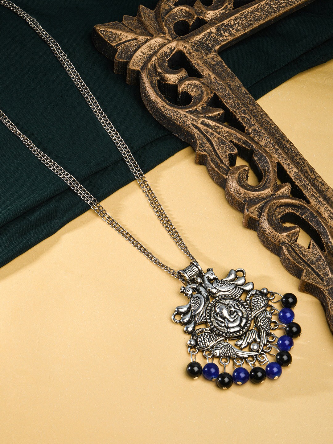 

Fida Silver-Plated Beaded Oxidised Ganesh Pendant Necklace, Blue