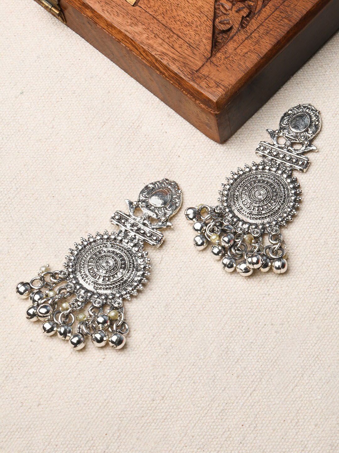 

Fida Silver-Plated Oxidised Circular Drop Earrings