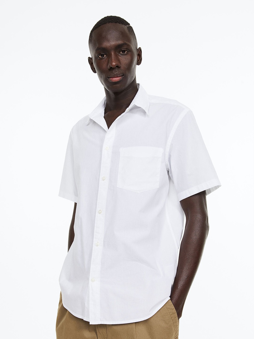 

H&M Men Pure Cotton Regular Fit Short-Sleeved Shirt, White