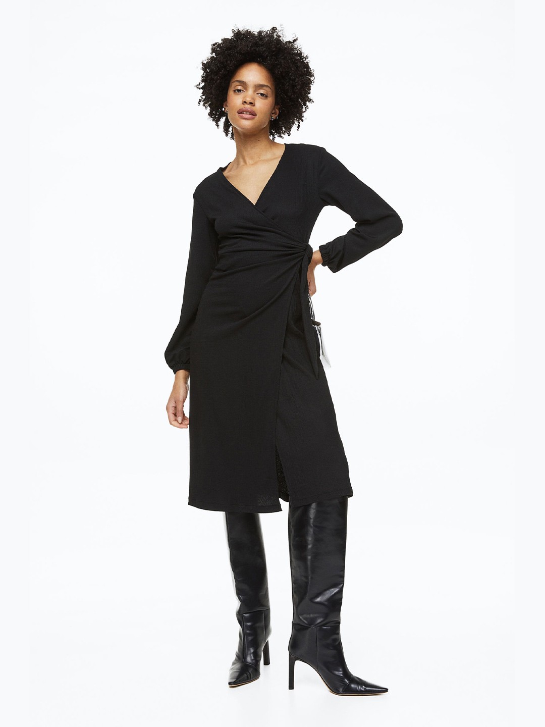 

H&M Balloon-Sleeved Wrap Dress, Black