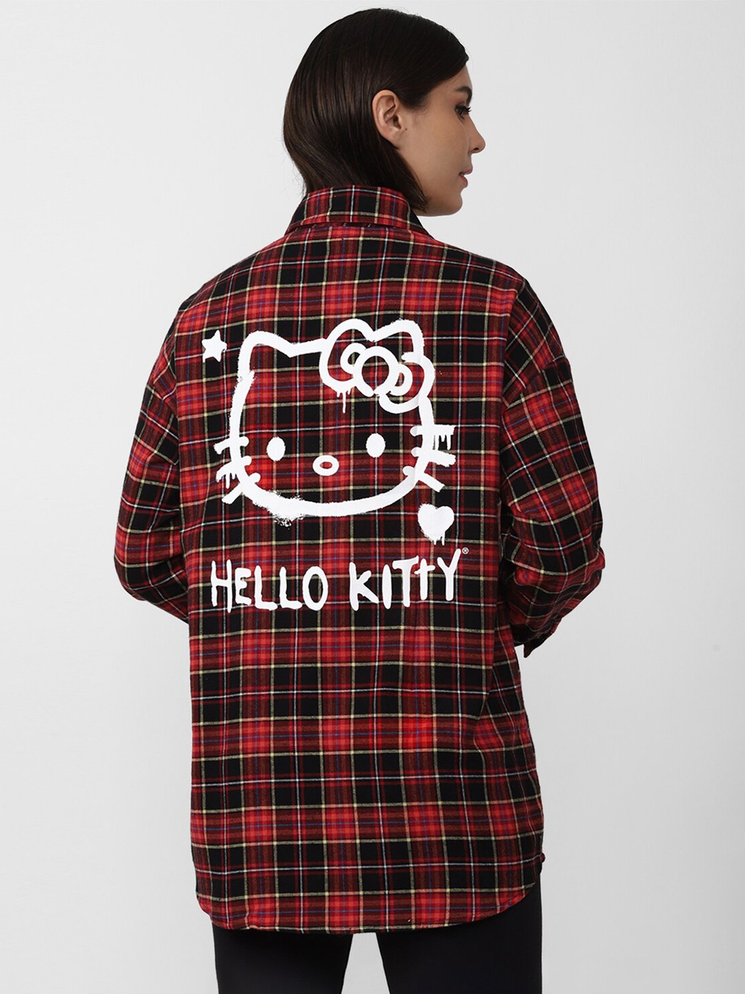

FOREVER 21 Women Tartan Checked Hello Kitty Print Casual Longline Pure Cotton Shirt, Maroon