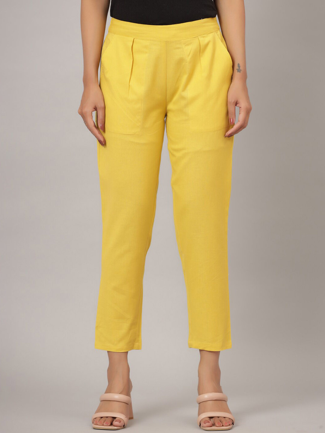 

CRAFTED FOR YOU Women Comfort Pleated Cotton Trousers, Yellow