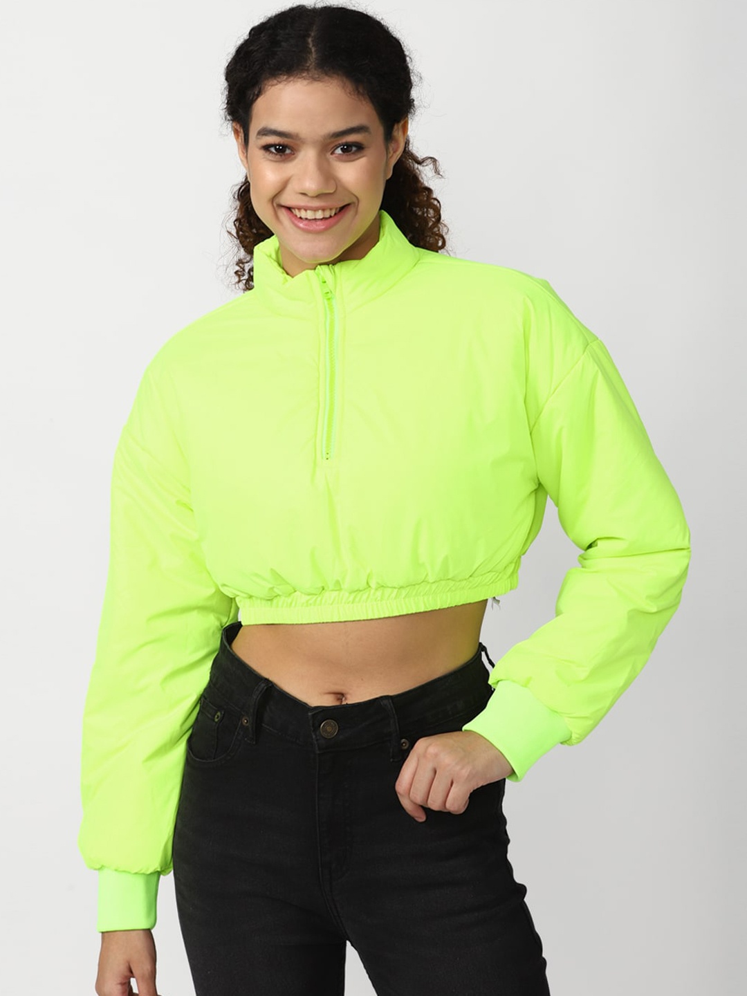 

FOREVER 21 Women Mock Collar Crop Puffer Jacket, Fluorescent green