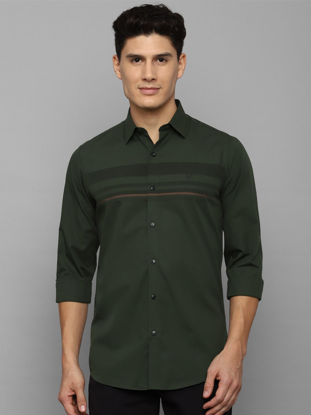 

Allen Solly Men Slim Fit Horizontal Striped Casual Pure Cotton Shirt, Olive
