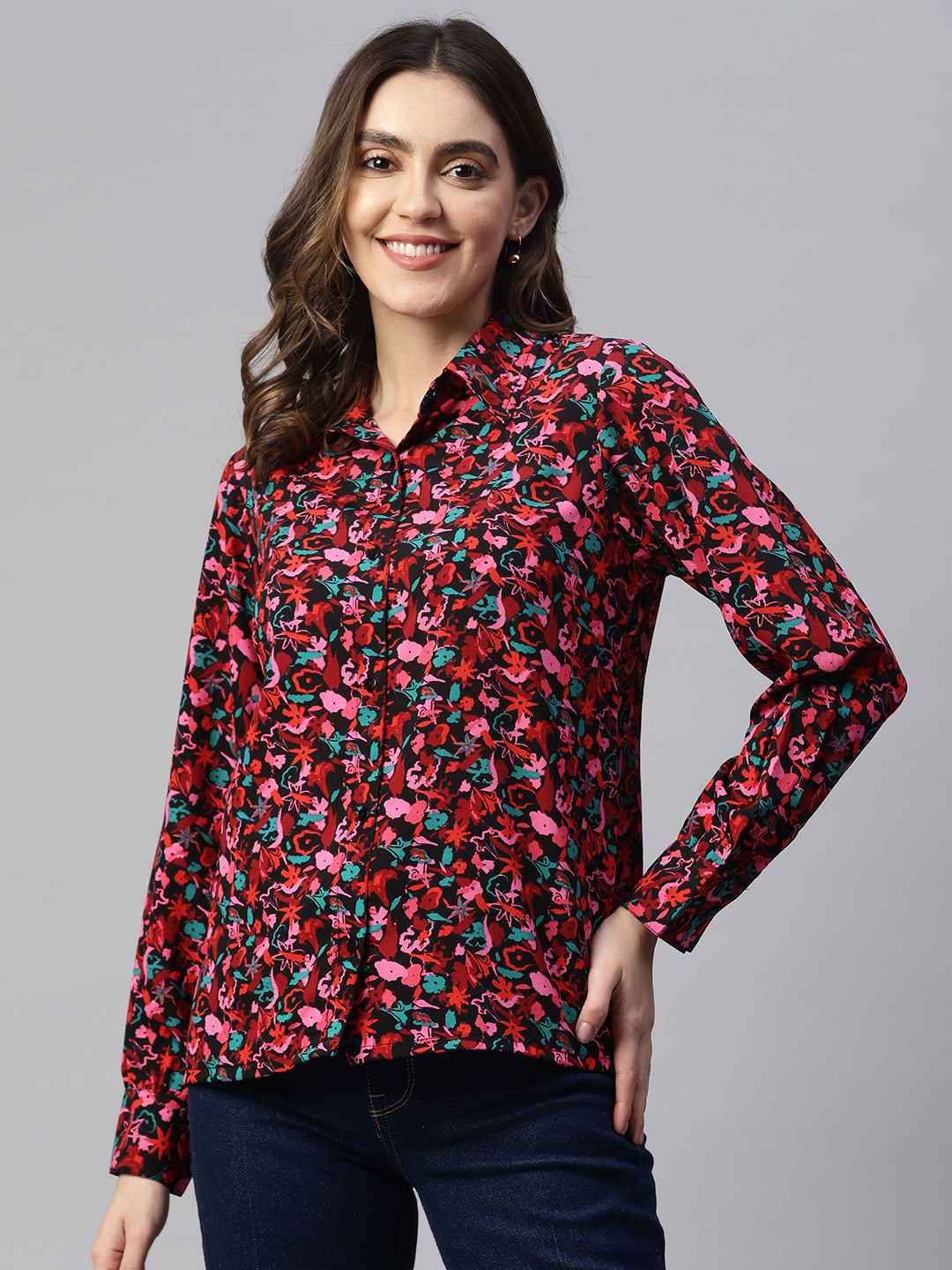 

plusS Women Floral Printed Casual Shirt, Black