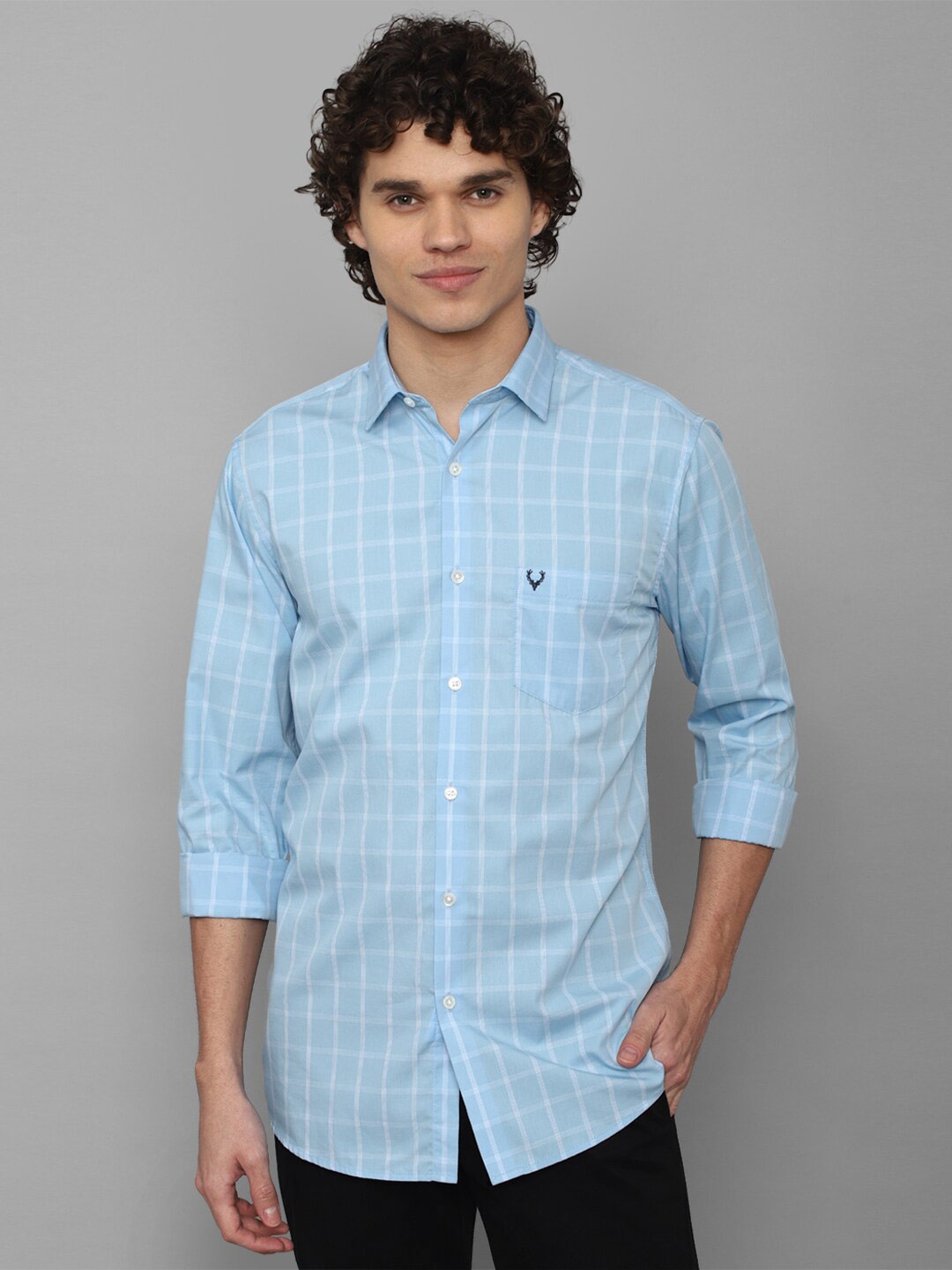 

Allen Solly Men Slim Fit Windowpane Checks Pure Cotton Casual Shirt, Blue