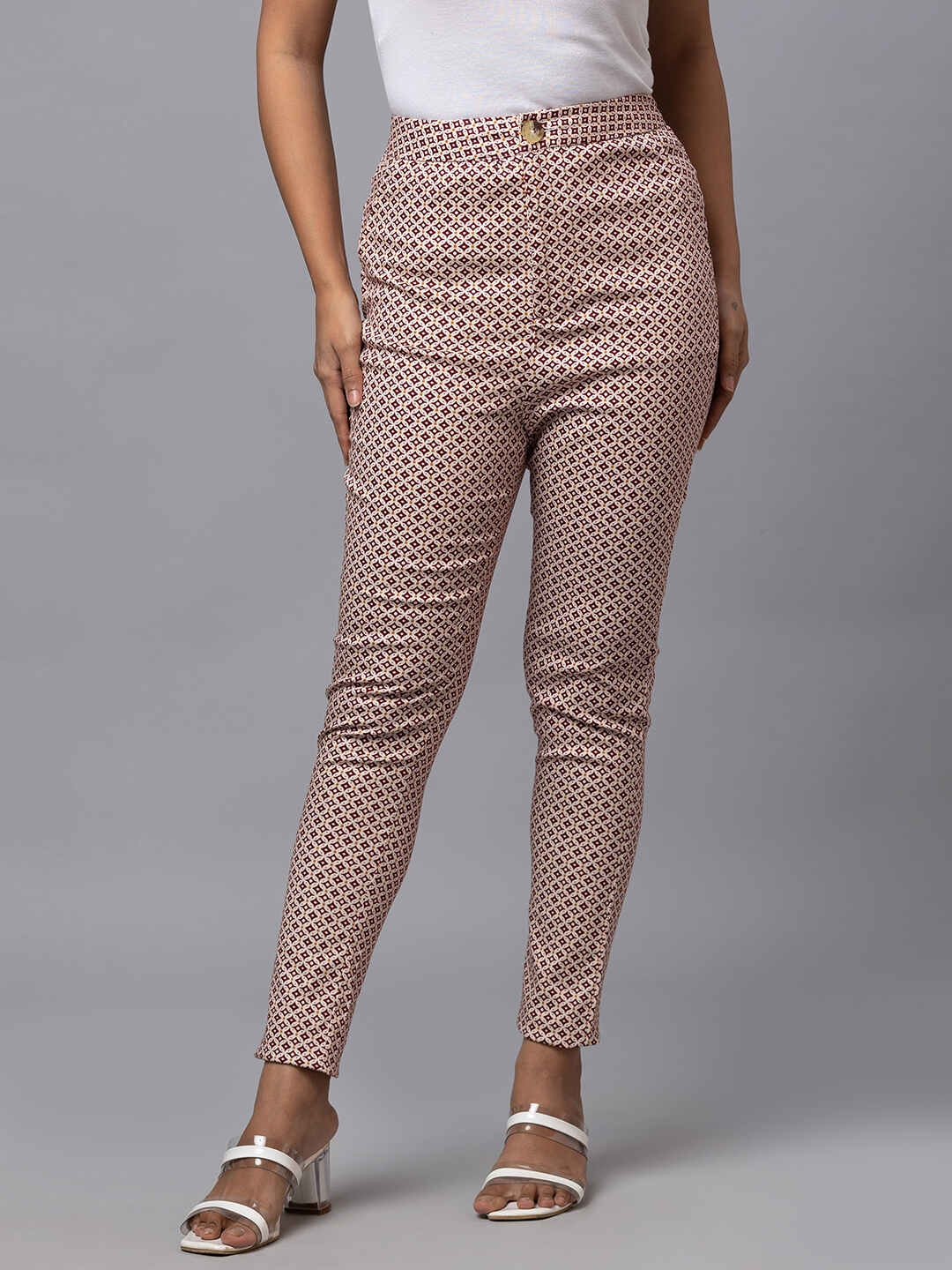 

Globus Women Printed Skinny Fit Reversible Trousers, Cream