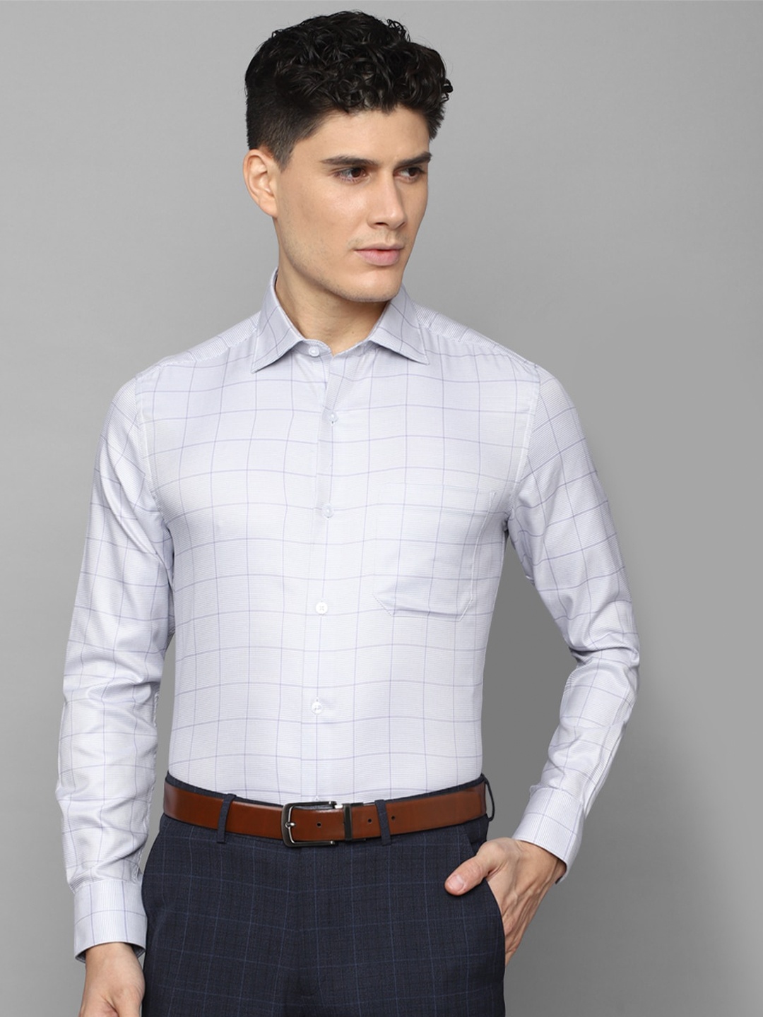 

Louis Philippe Men Slim Fit Windowpane Checked Formal Pure Cotton Shirt, Grey
