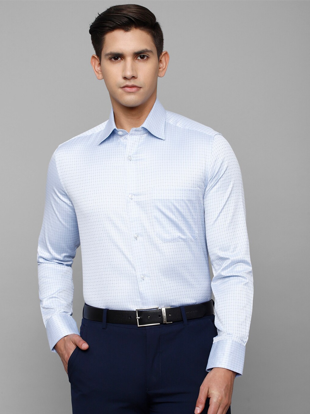 

Louis Philippe Men Slim Fit Grid Tattersall Checked Pure Cotton Formal Shirt, Blue