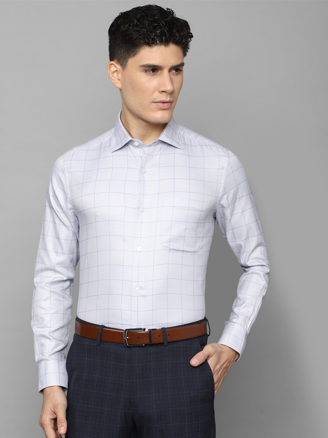 

Louis Philippe Men Slim Fit Windowpane Checked Formal Pure Cotton Shirt, Blue