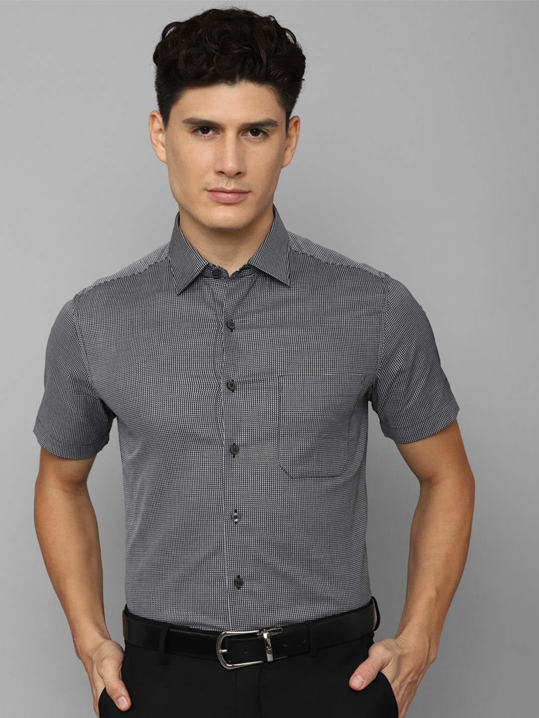 

Louis Philippe Men Slim Fit Micro Checked Formal Pure Cotton Shirt, Grey
