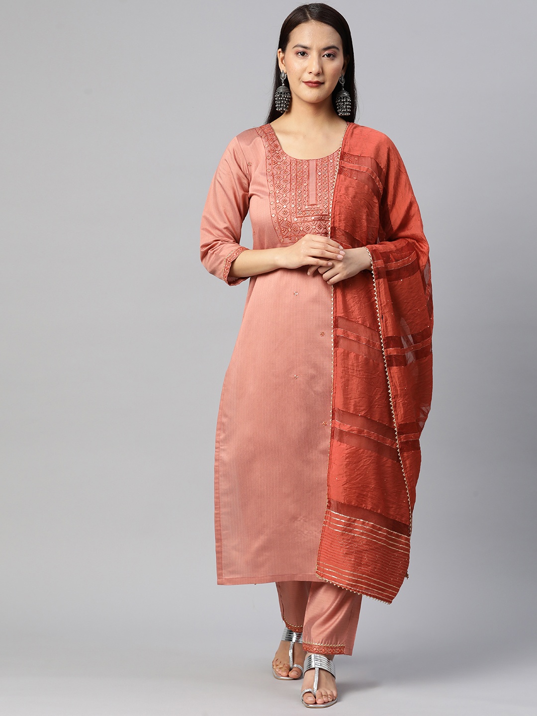 

RAJGRANTH Women Embroidered Sequinned Kurta With Trousers & Dupatta, Peach