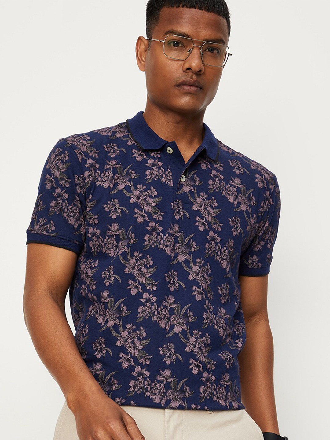 

max Men Floral Printed Polo Collar Cotton T-shirt, Navy blue