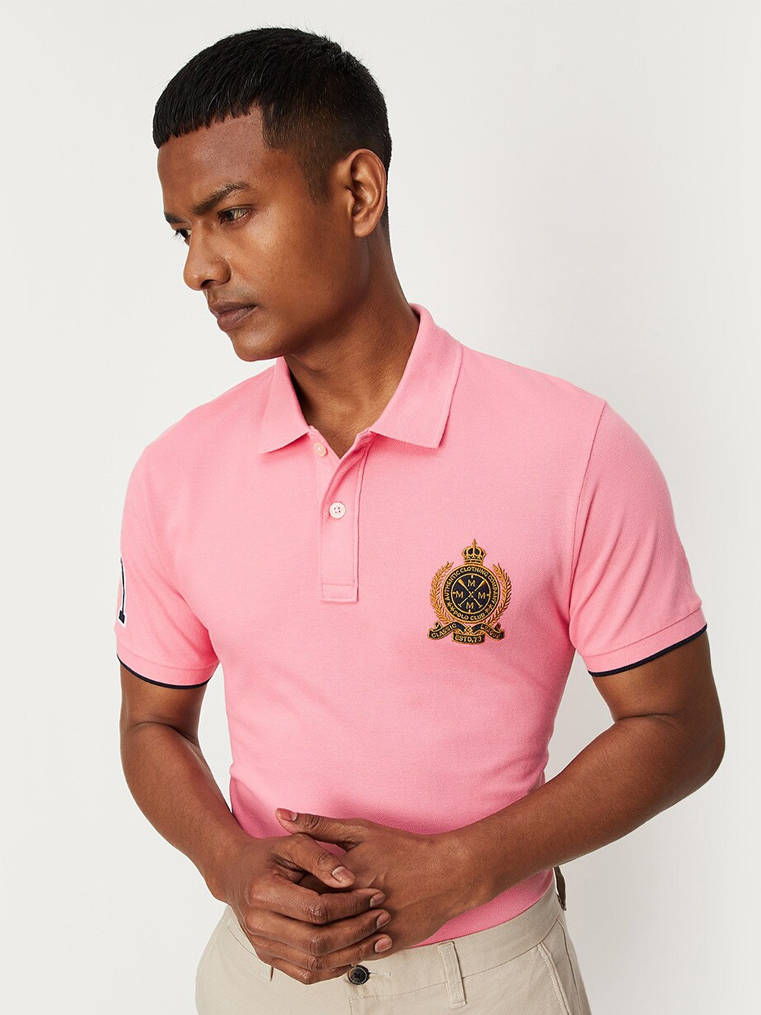 

max Men Typography Printed Polo Collar Cotton T-shirt, Pink