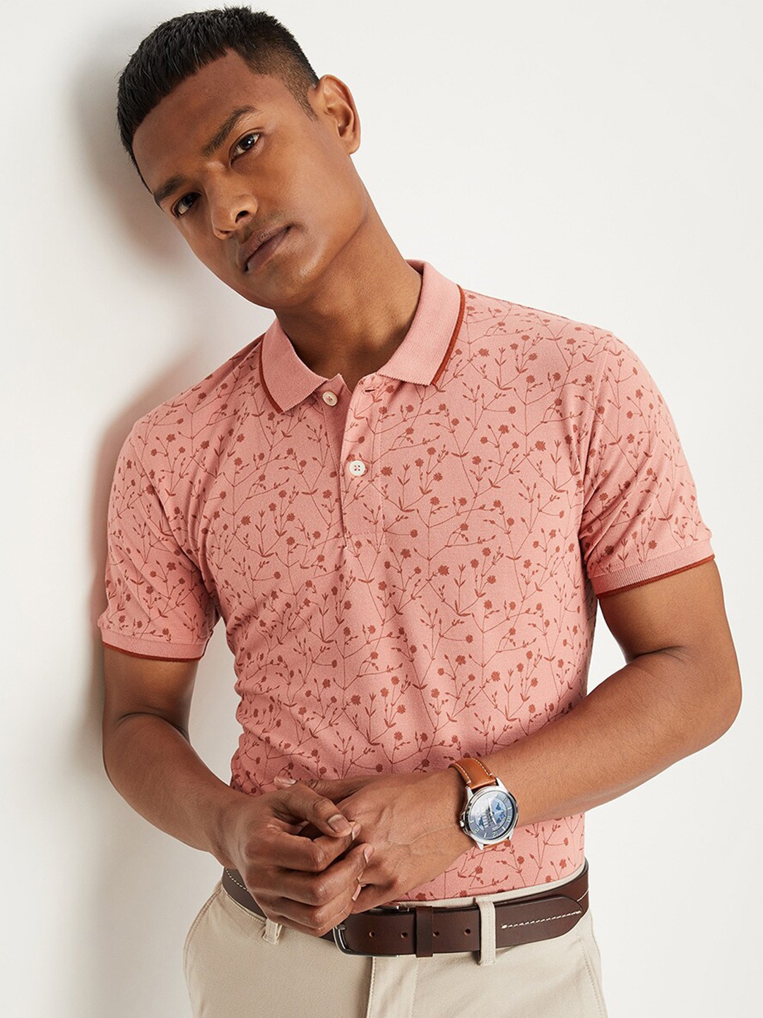 

max Men Floral Printed Polo Collar Cotton T-shirt, Orange