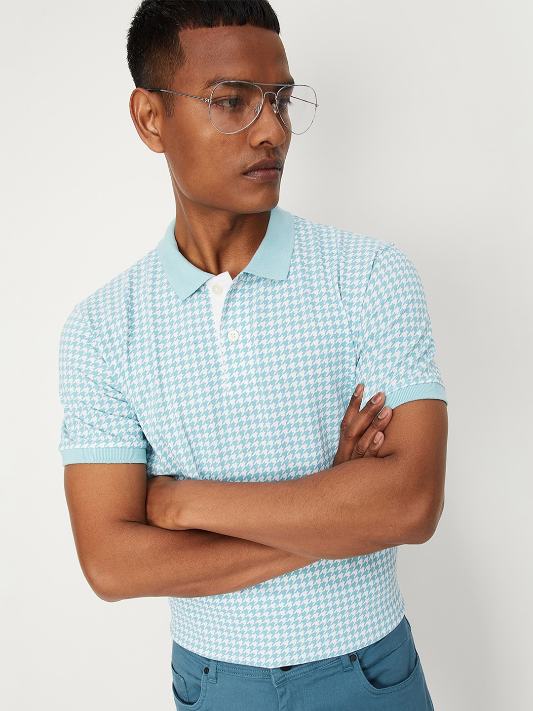 

max Men Printed Polo Collar Cotton T-shirt, Blue
