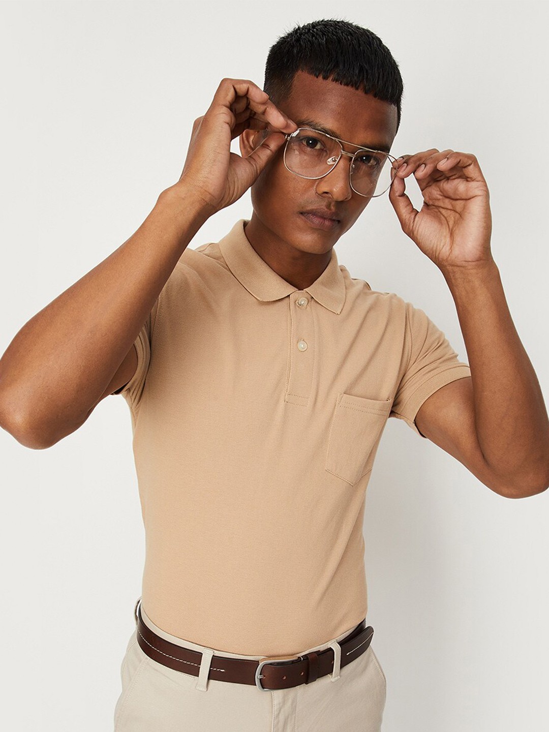 

max Men Regular Fit Polo Collar Cotton T-shirt, Beige
