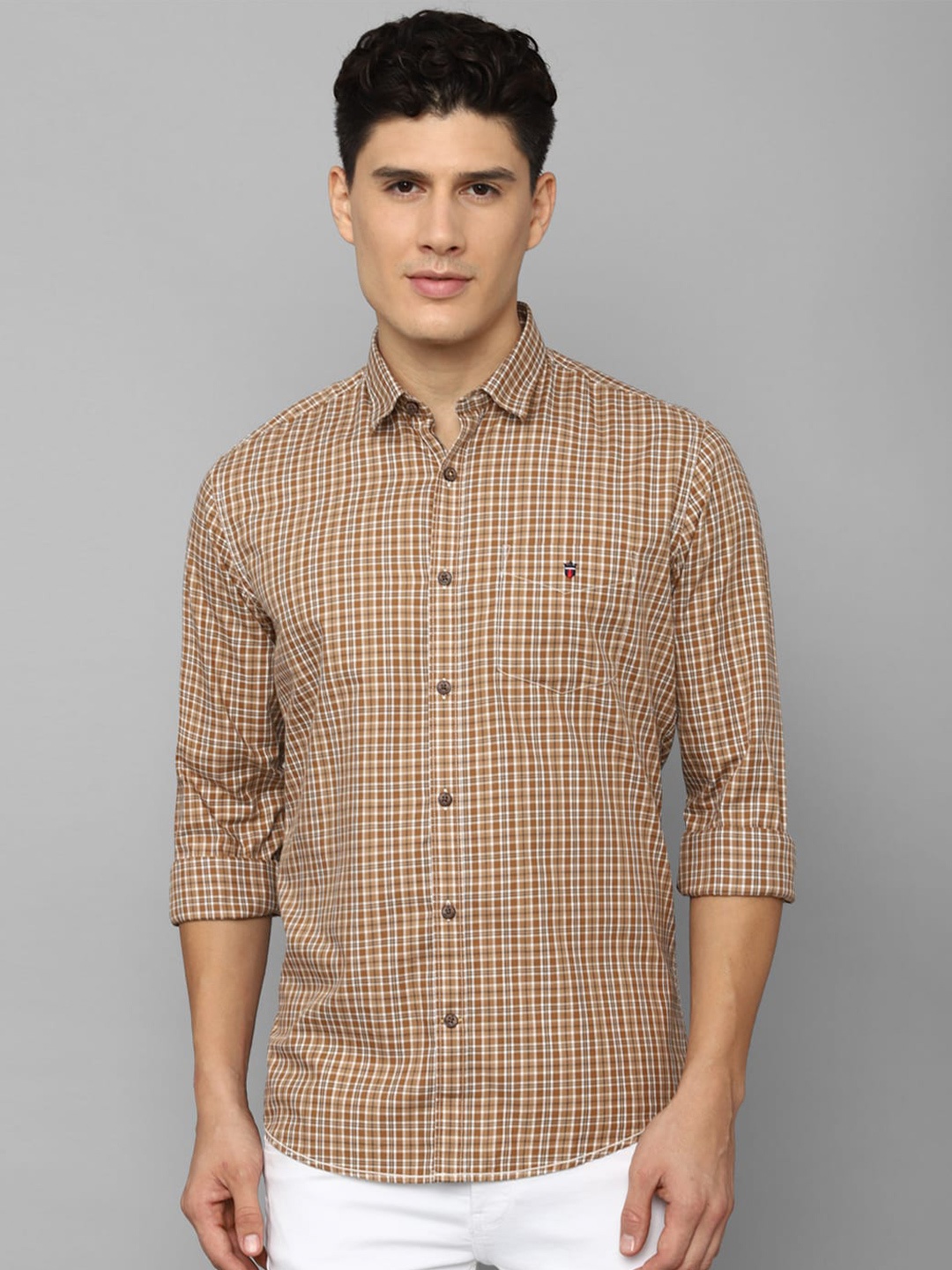 

Louis Philippe Sport Men Slim Fit Checked Casual Cotton Shirt, Camel brown