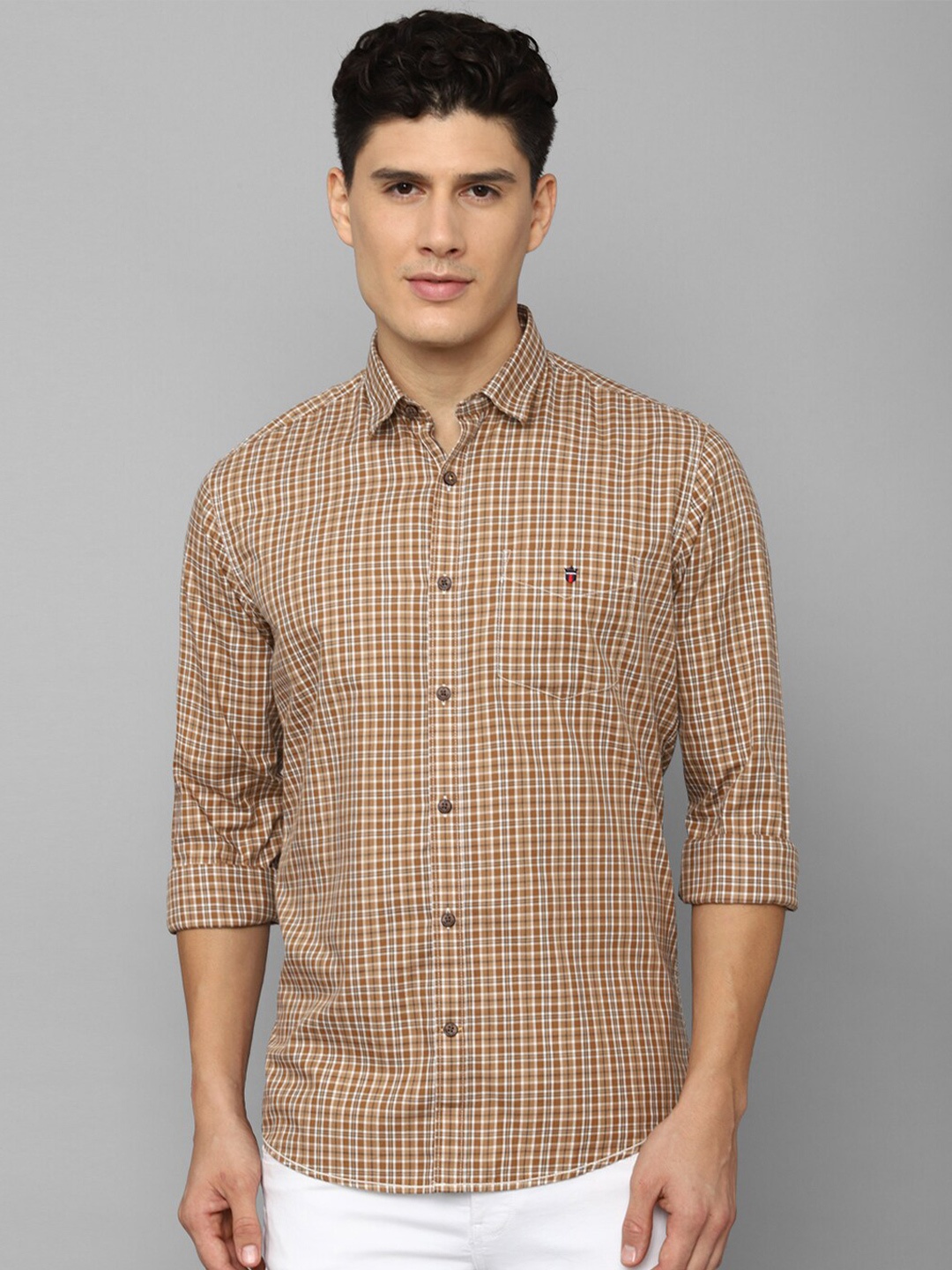 

Louis Philippe Sport Men Slim Fit Checked Casual Pure Cotton Shirt, Camel brown