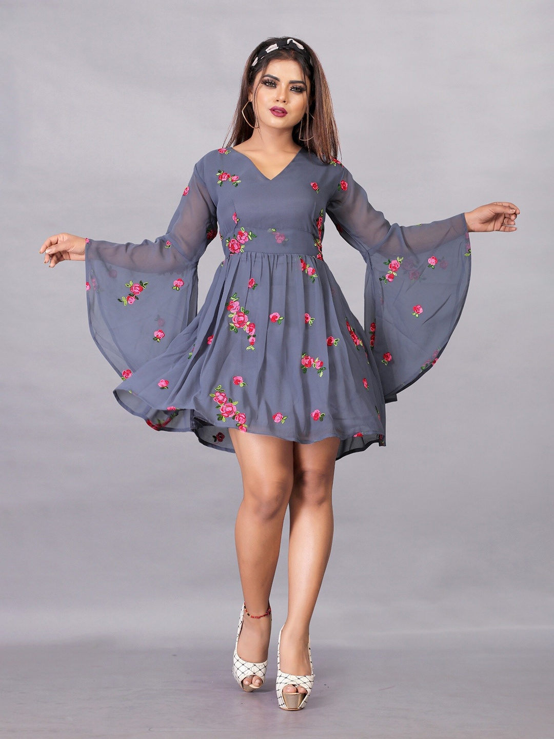 

APNISHA Floral Embroidered Mini Dress, Grey