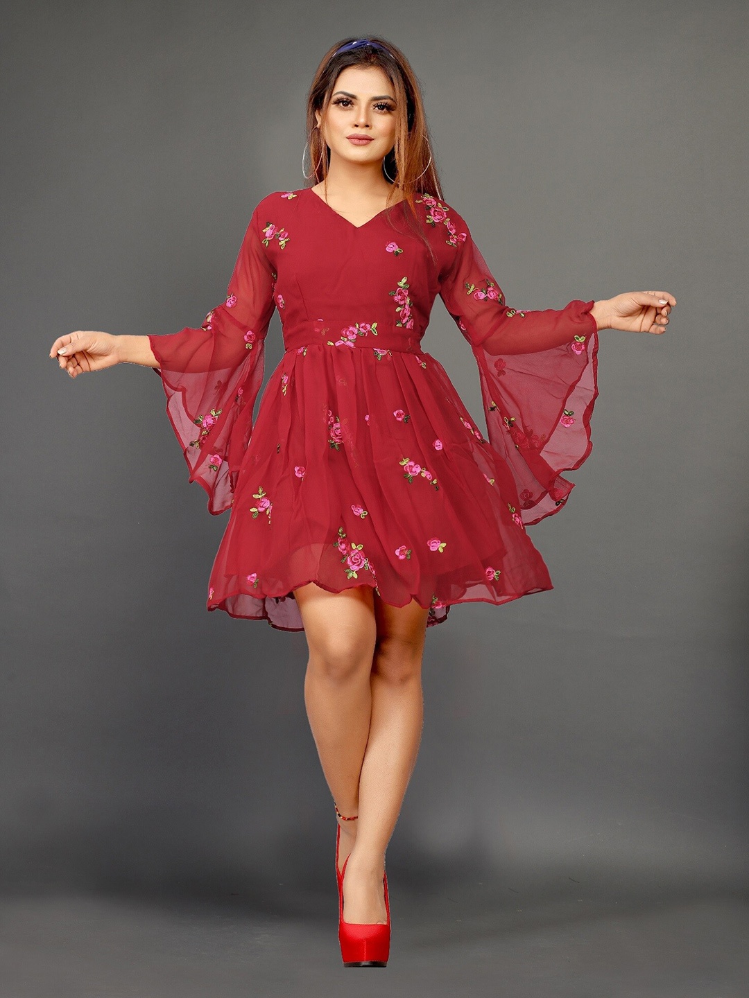 

APNISHA Floral Embroidered Georgette Dress, Red