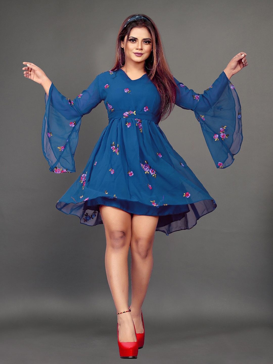 

APNISHA Floral Georgette Dress, Teal