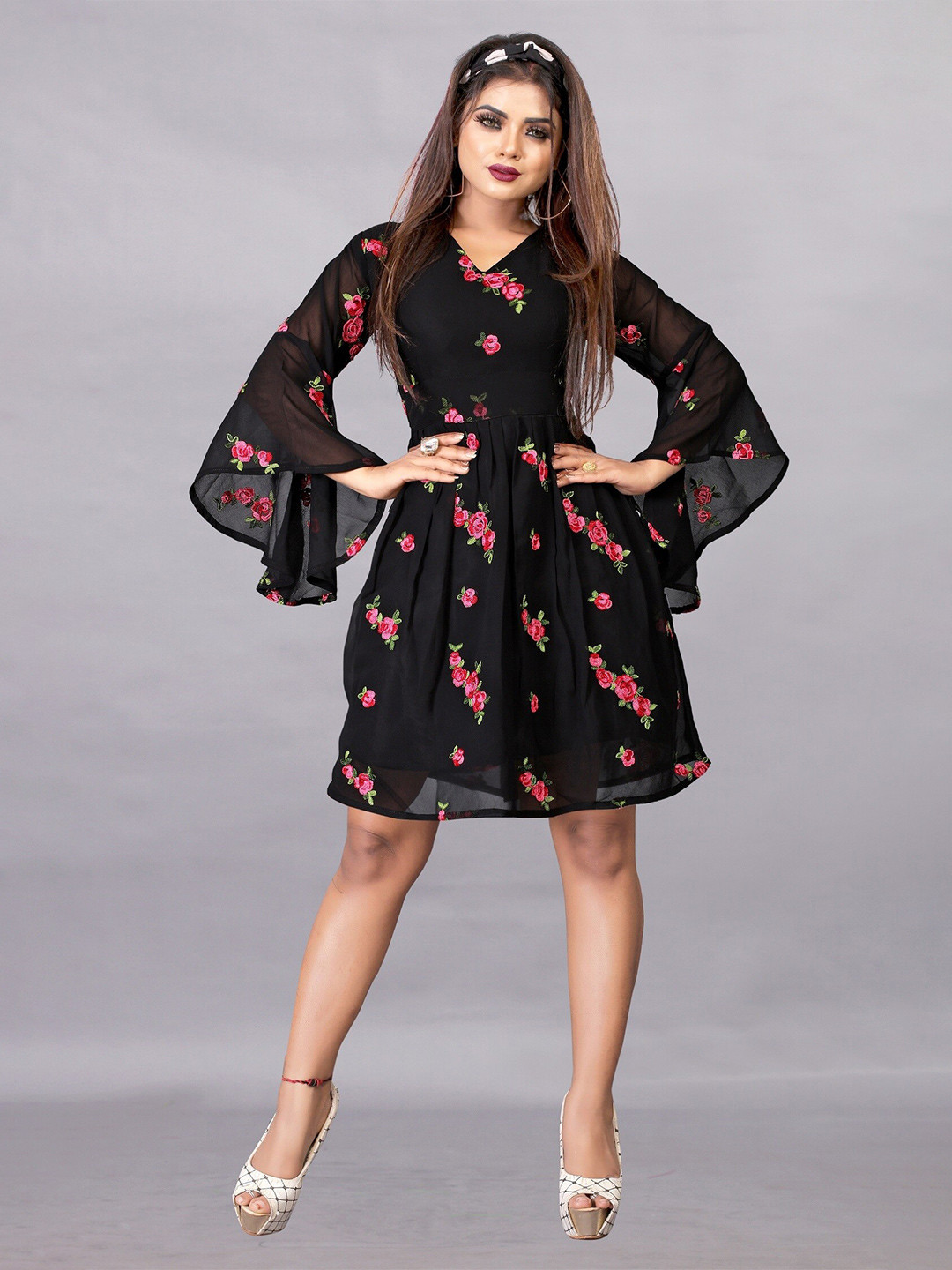 

APNISHA Floral Embroidered V-Neck Fit & Flare Dress, Black