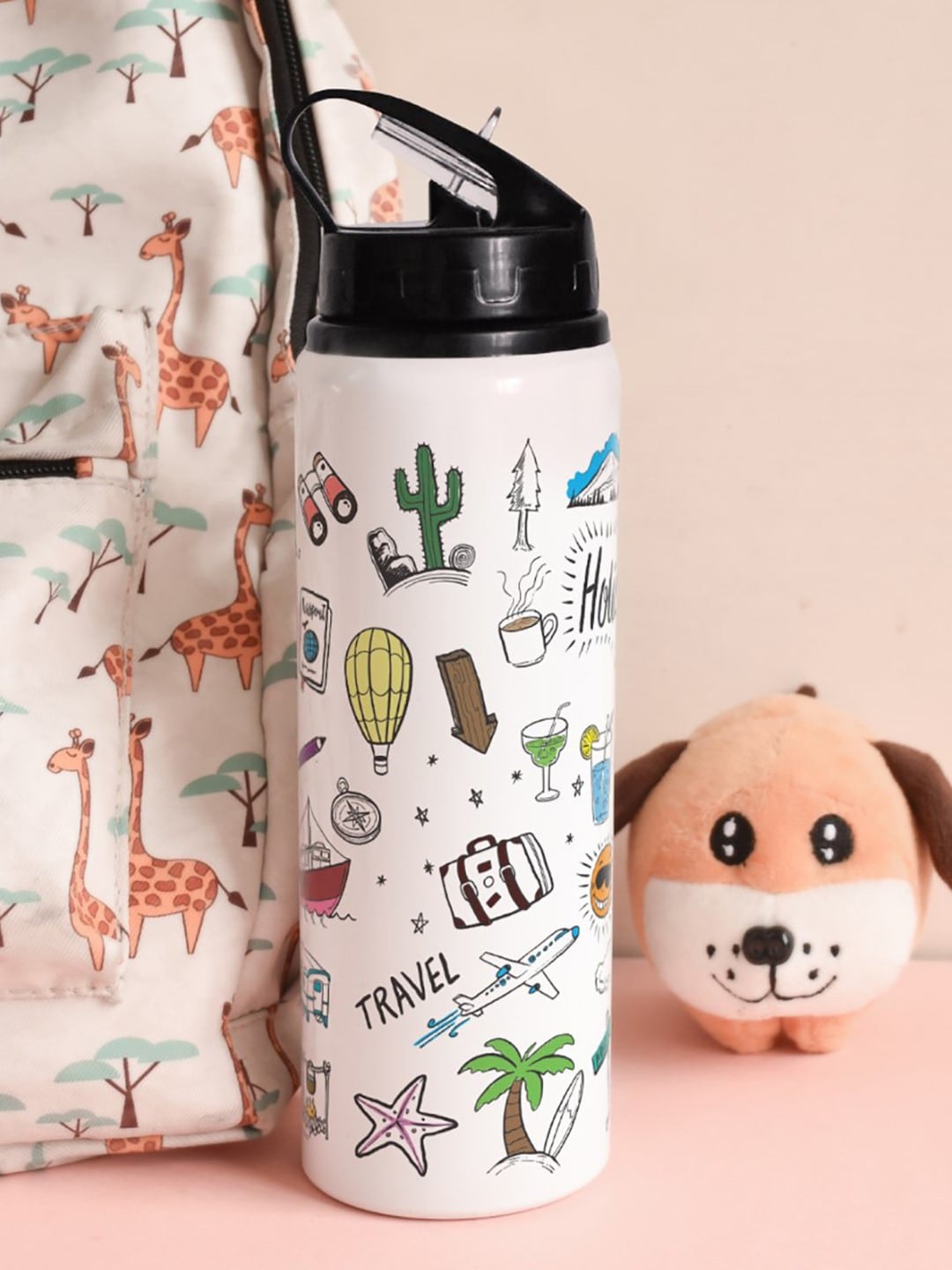 

Indigifts White Printed Double Wall Vacuum Sipper Water Bottle 750 ml