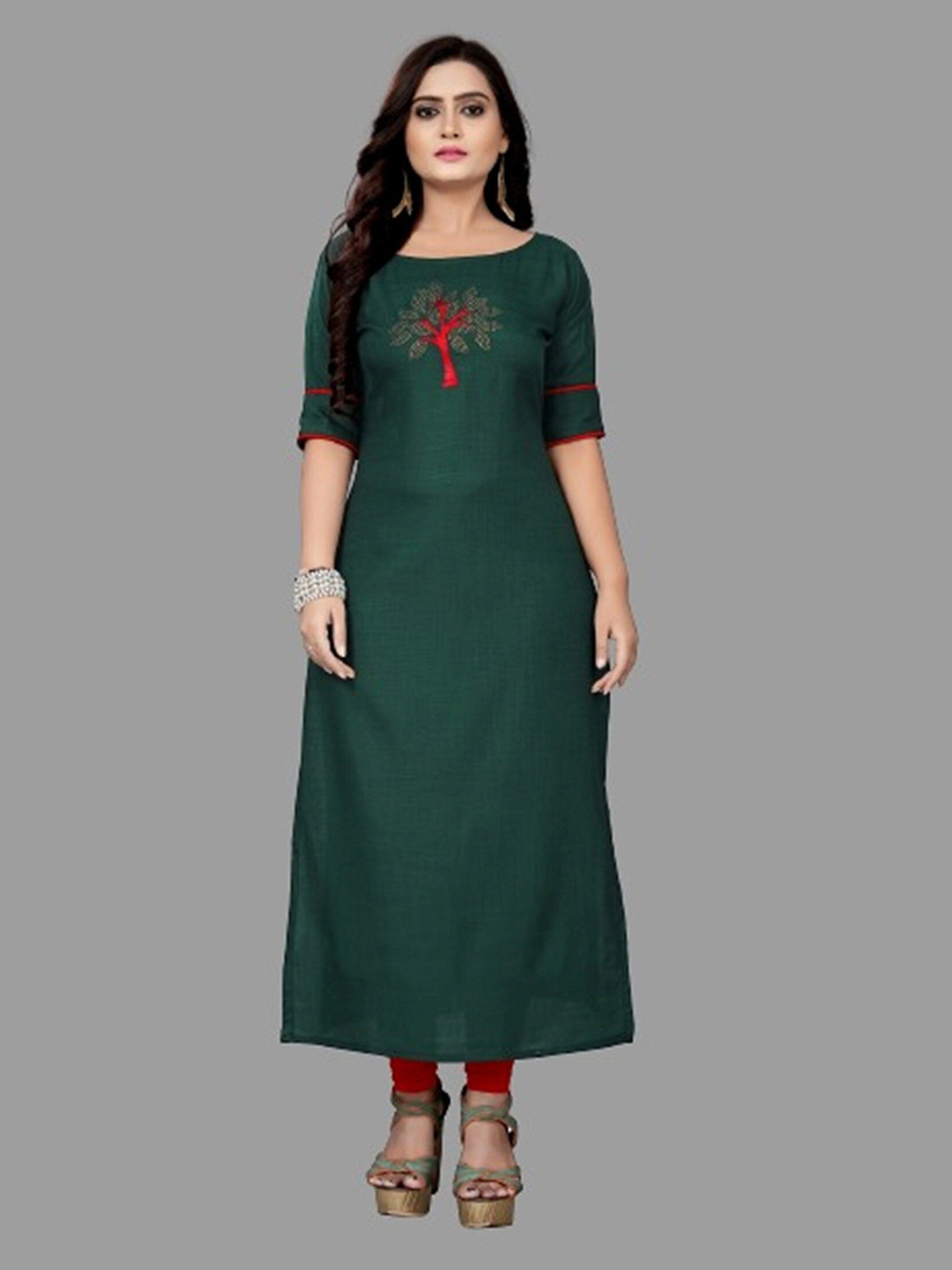 

APNISHA Women Boat Neck Thread Work Straight Kurta, Green