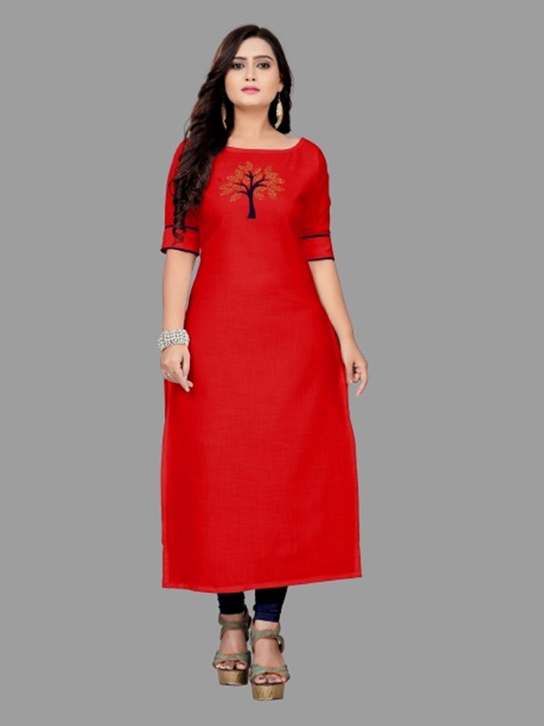

APNISHA Ethnic Motifs Embellished Cotton Kurta, Red