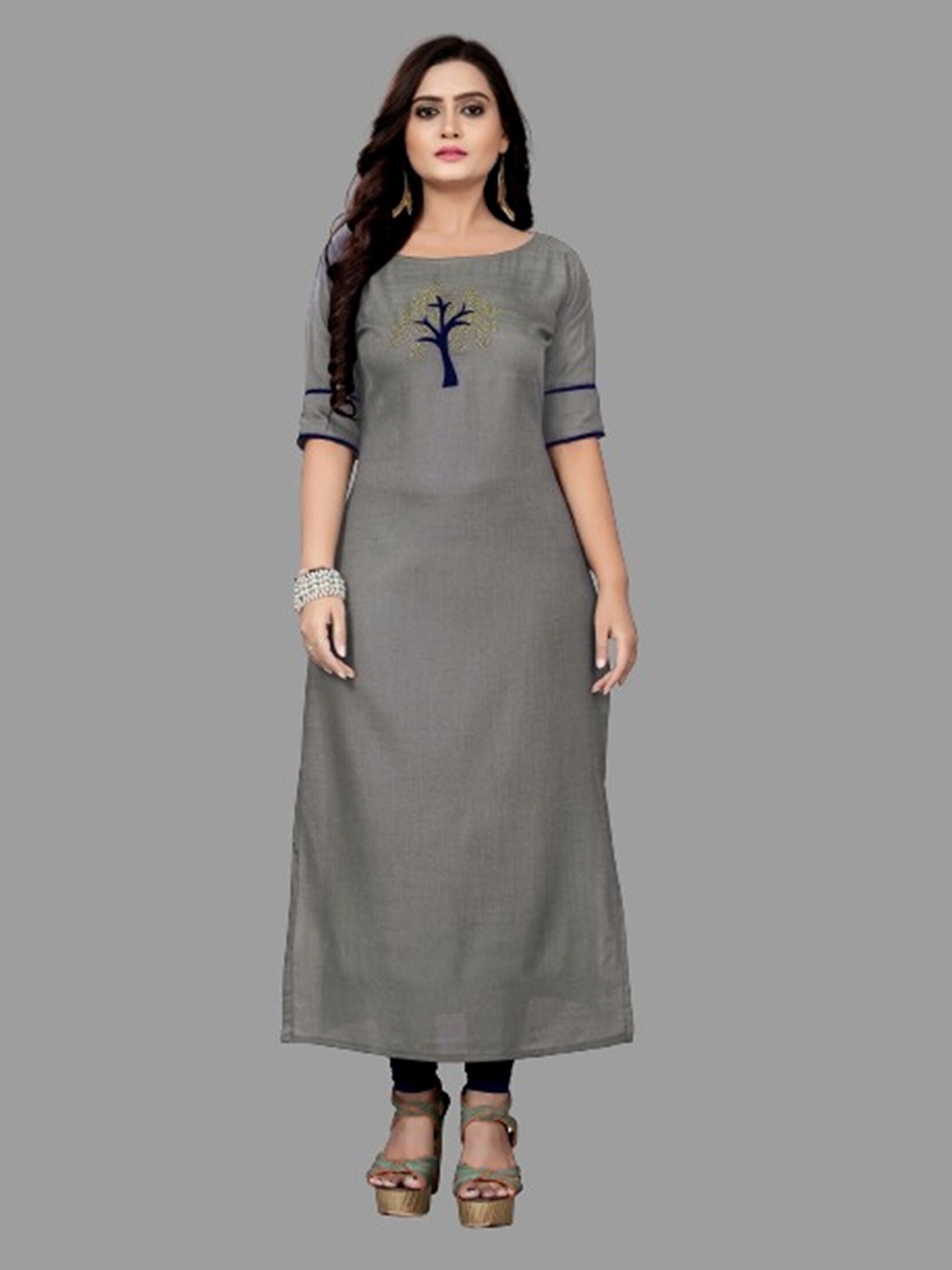 

APNISHA Ethnic Motifs Embellished Cotton Kurta, Grey