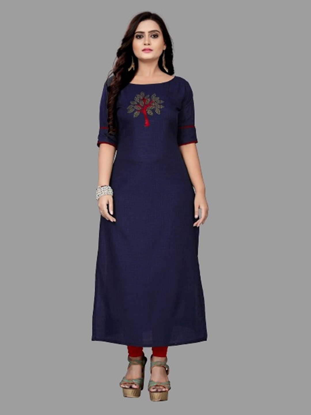 

APNISHA Ethnic Motifs Embellished Cotton Kurta, Navy blue