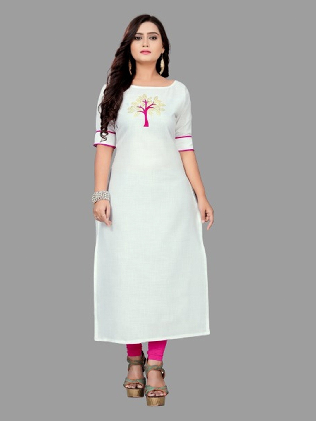 

APNISHA Ethnic Motifs Embellished Cotton Kurta, White