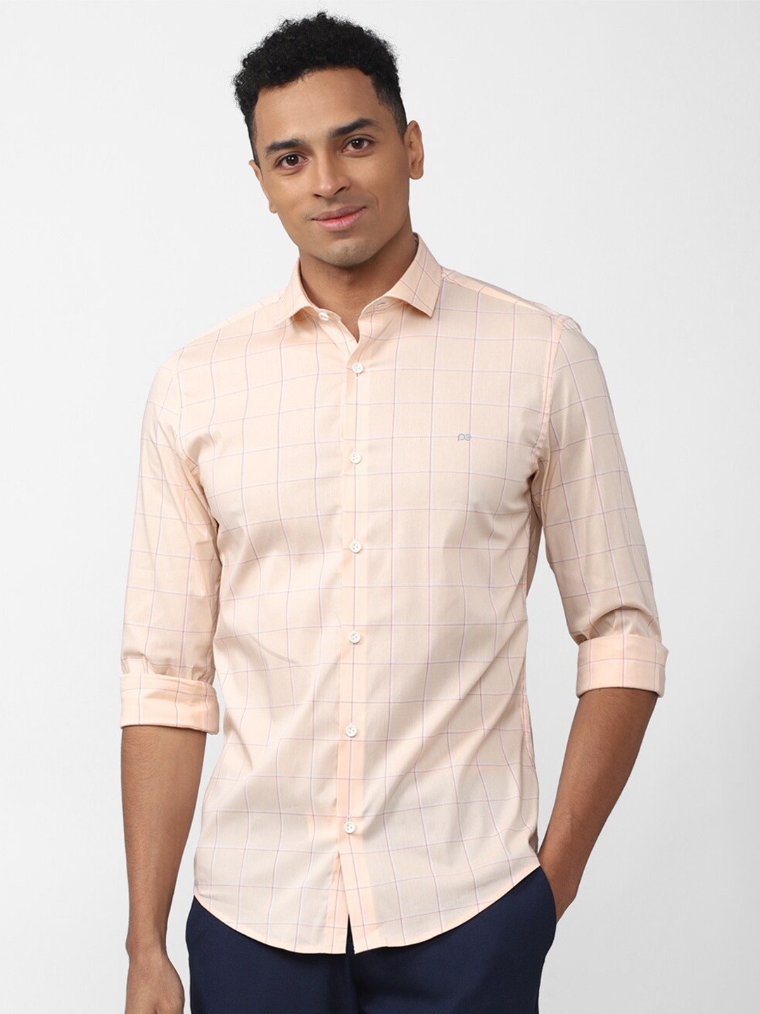 

Peter England Men Slim Fit Windowpane Checked Cotton Casual Shirt, Peach