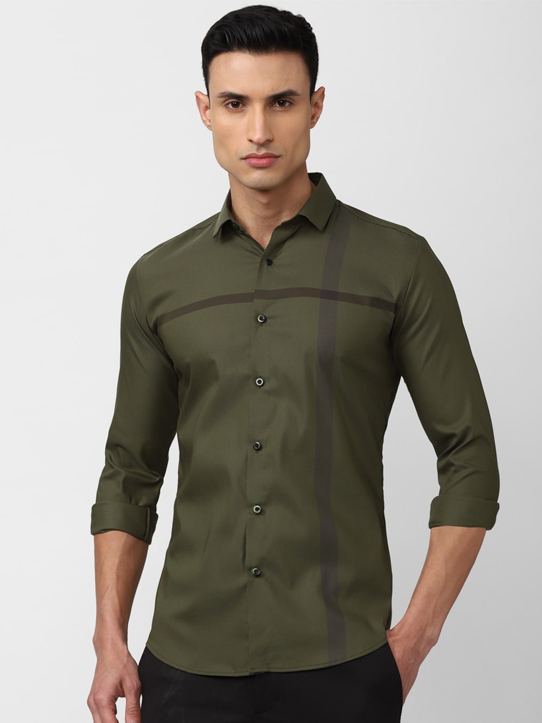 

V Dot Men Slim Fit Striped Casual Cotton Shirt, Olive