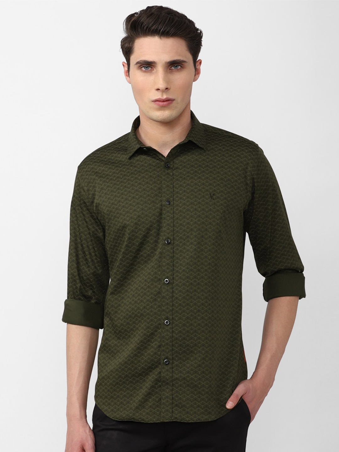 

V Dot Men Slim Fit Printed Casual Shirt, Olive