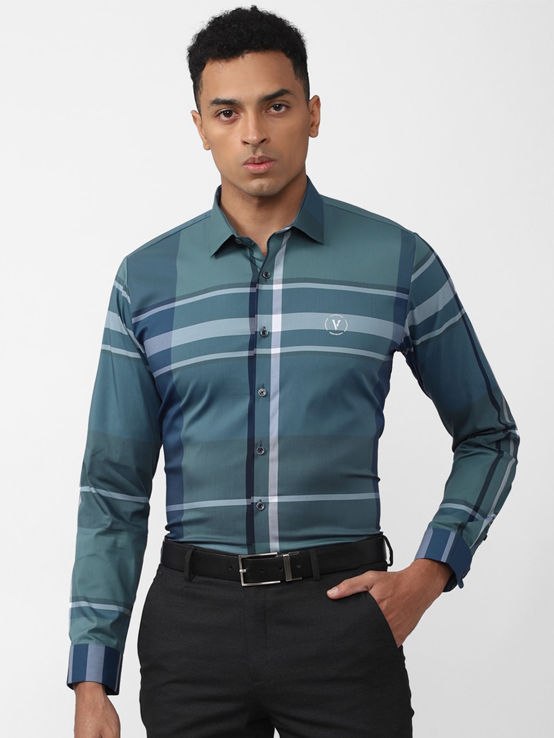 

Van Heusen Men Slim Fit Horizontal Stripes Striped Formal Cotton Shirt, Teal