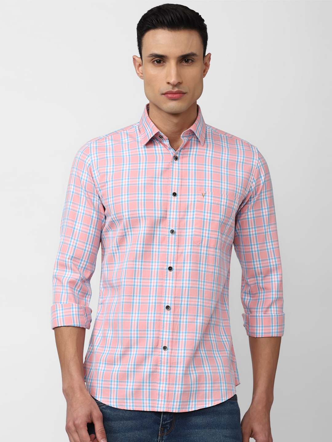 

Van Heusen Sport Men Slim Fit Tartan Checked Casual Cotton Shirt, Peach