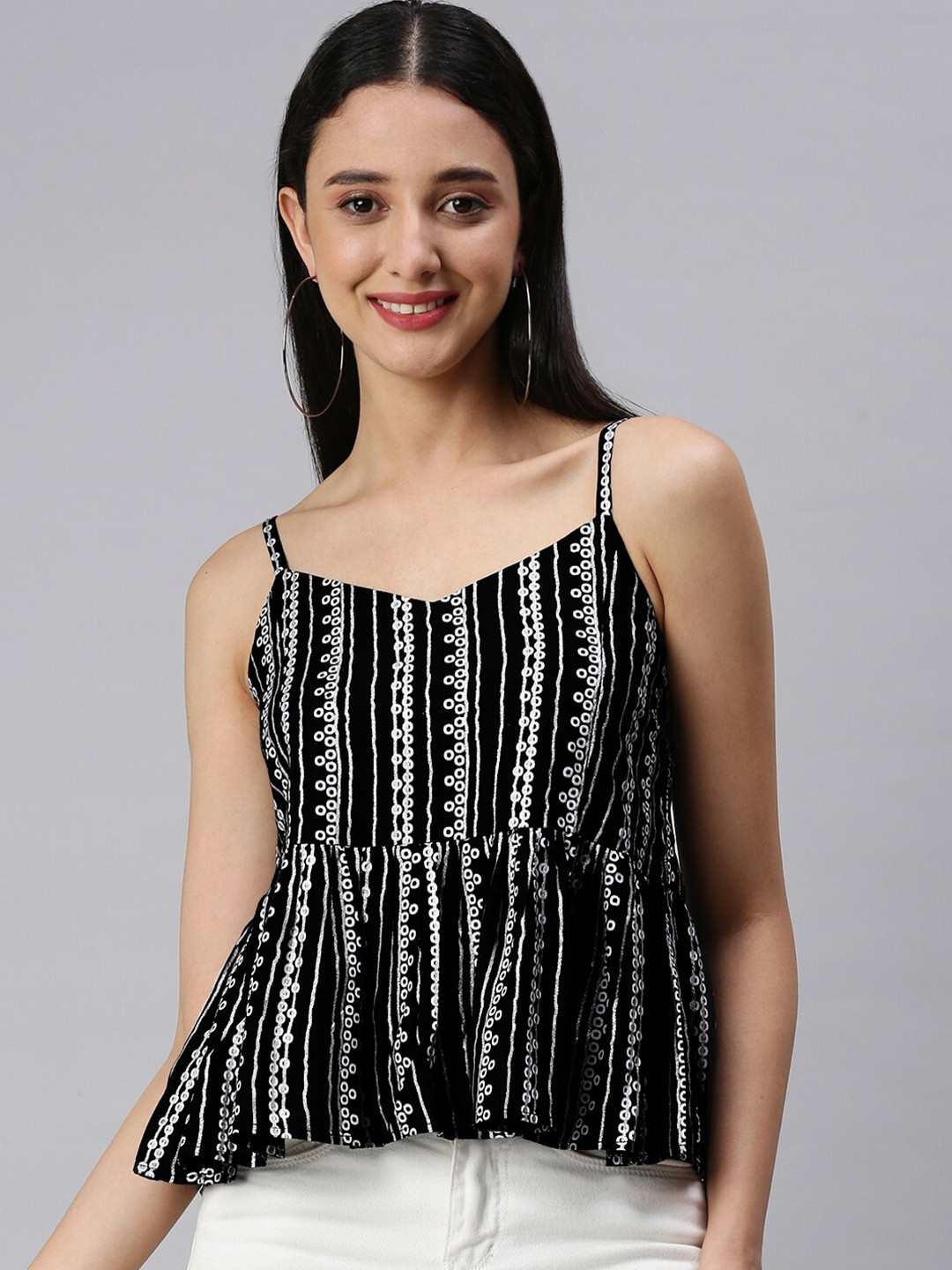 

KALINI Striped Monochrome Cinched Waist Top, Black